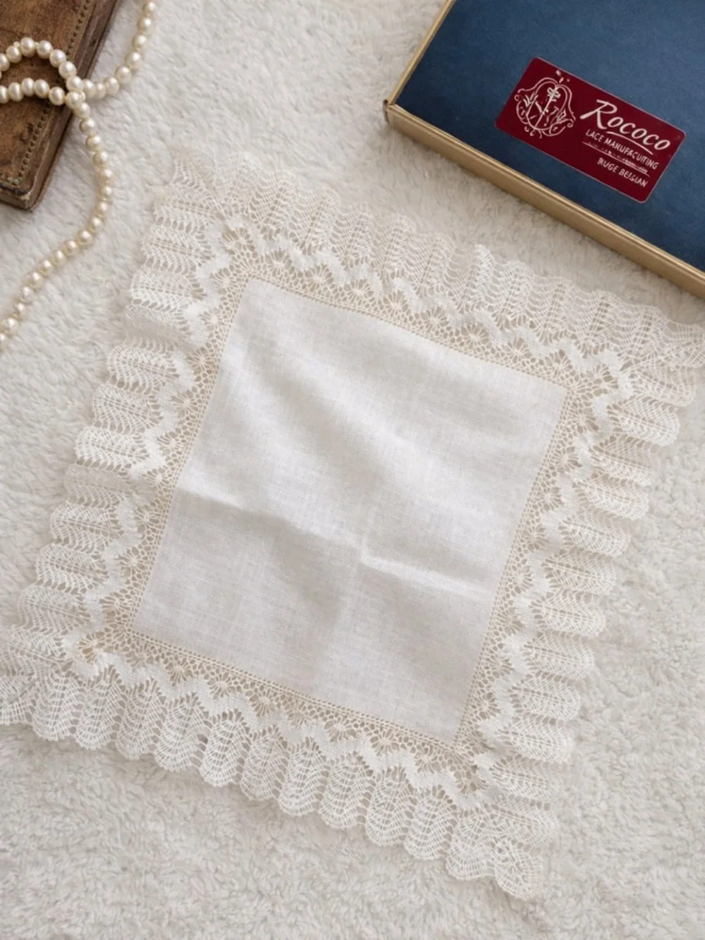 Vintage Bruges Belgium Bobbin Lace Handkerchief Rococo Boxed Linen Bridal Hankie